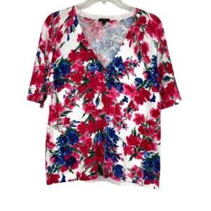 Talbots Floral VNeck Cardigan Pink Half Sleeve
